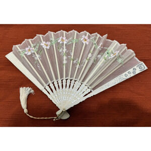 Antique Silk Hand Fan Hand Painted Floral Wood Carved Lucky Horseshoe White